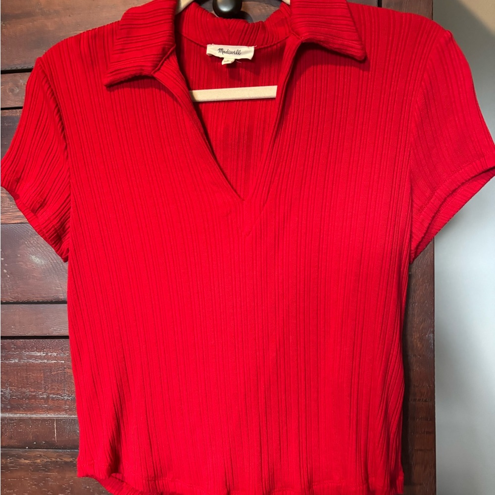 Madewell Bright Red Ribbed Short-Sleeve V-Neck Polo Sz M NWOT